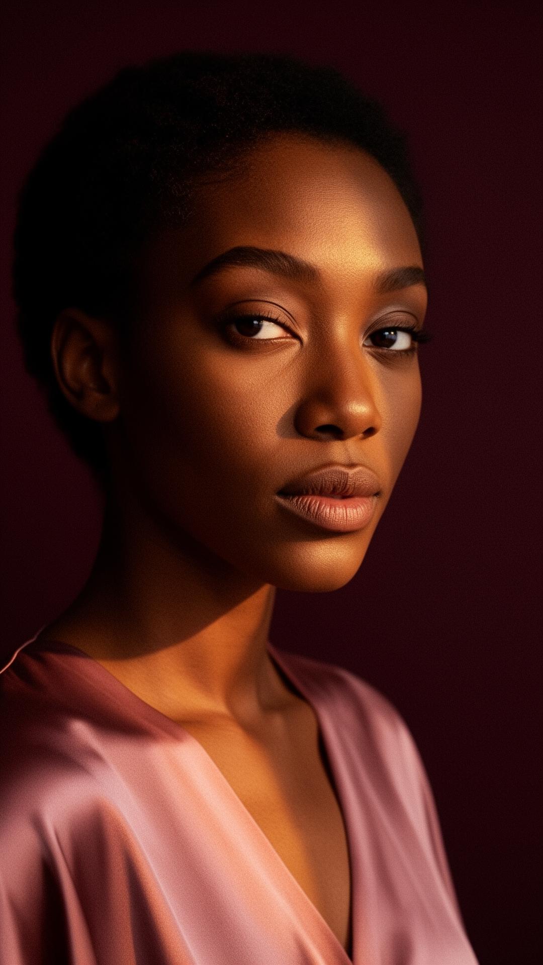 A woman in soft silk, lit warmly