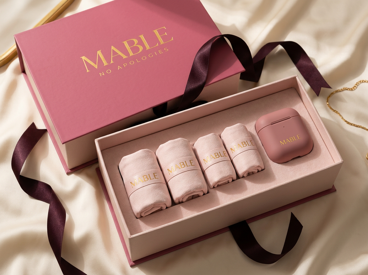 The MABLE Gift Set, open with rolled pads and Soir case